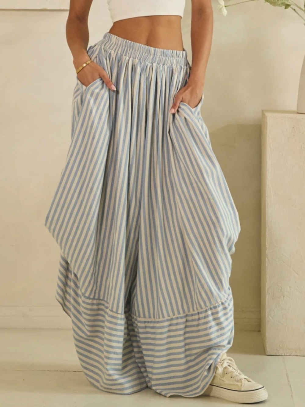 Oli & Hali Striped print Stretchy Waist Gathered Detail Wide leg Pants - Picture 8 of 8
